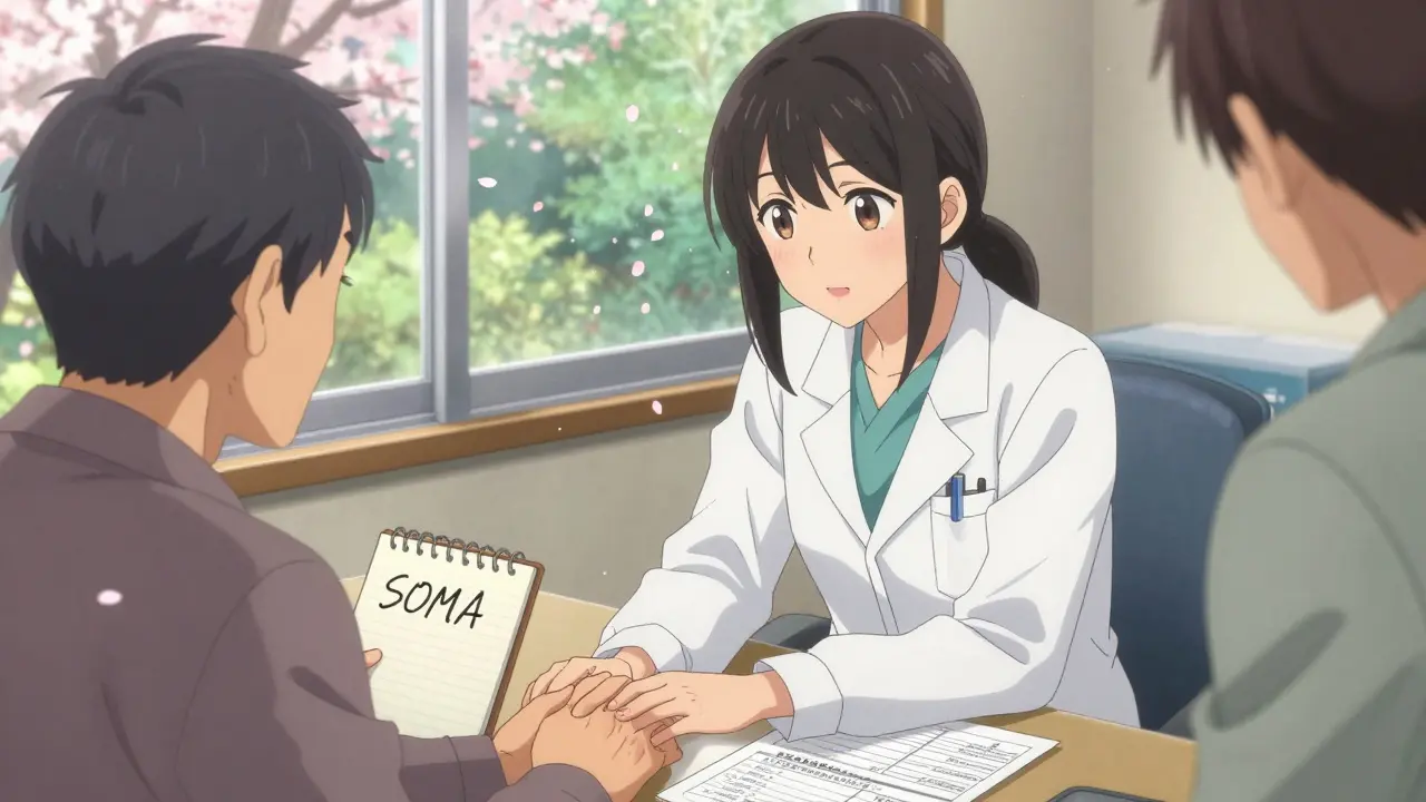 A pharmacist and patient reviewing lab results together in a calm clinic, with gentle sunlight and sakura petals outside.