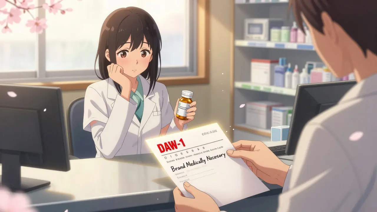 A pharmacist at a pharmacy counter considering a prescription marked 'DAW-1' for a brand-name drug.