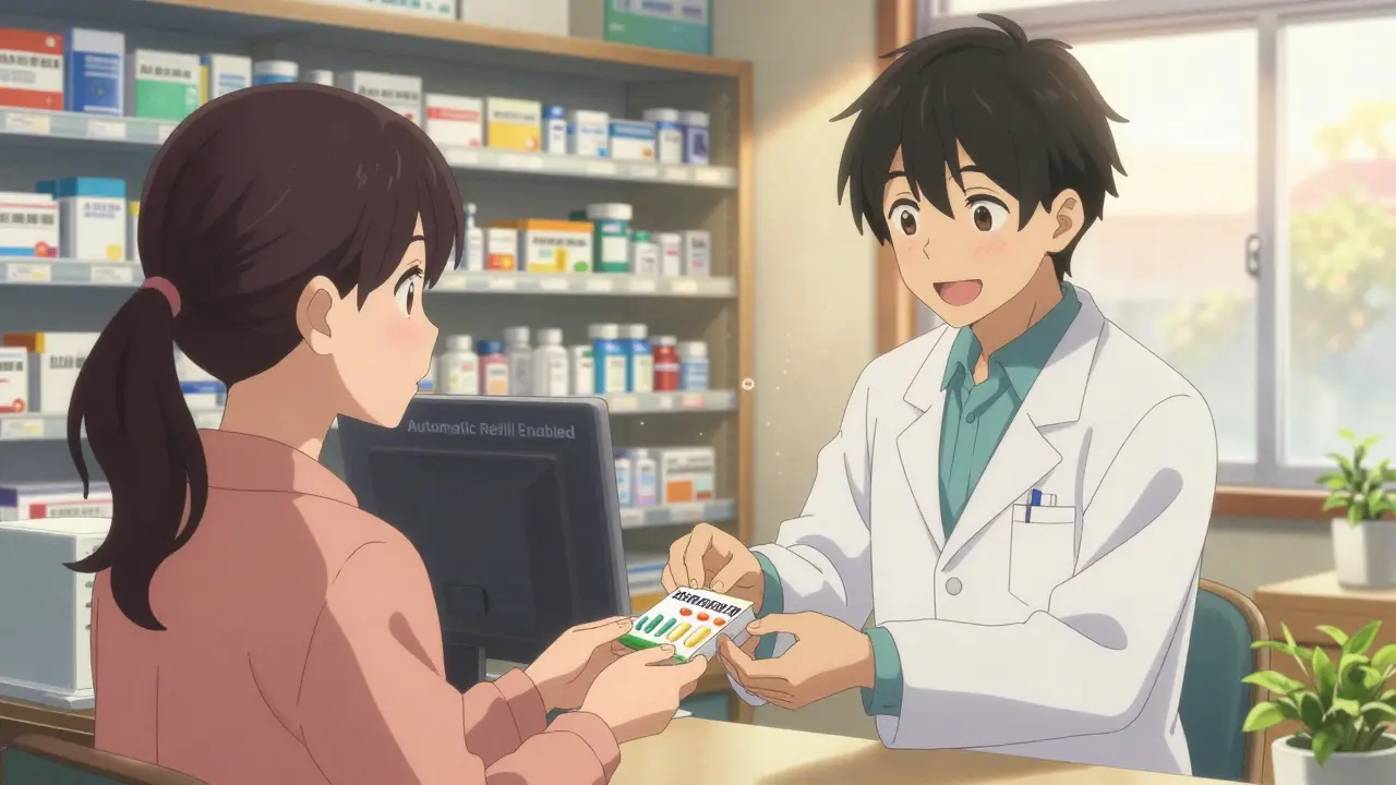 A pharmacist hands combination pills to a patient in a warm, inviting pharmacy setting.