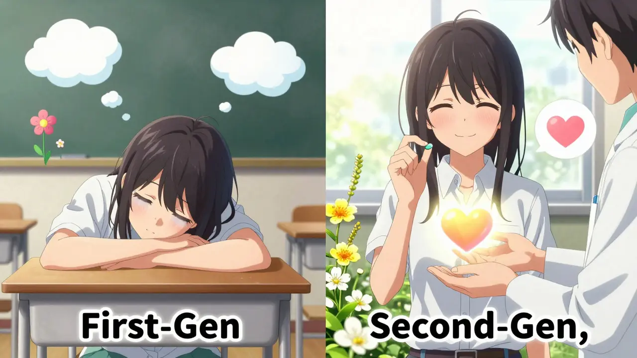 A split scene showing the contrast between drowsiness from first-gen and alertness from second-gen antihistamines.