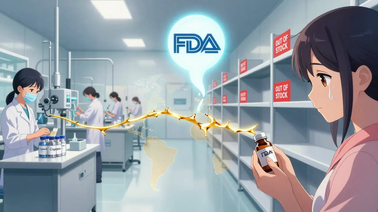 A symbolic split scene shows a drug factory in India connected by a fraying thread to empty hospital shelves in the U.S., with a fading FDA seal above.