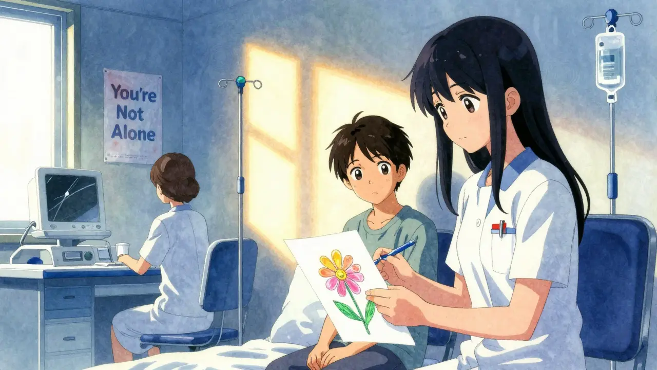 A teenage cancer patient sits calmly in a chemotherapy room as her nurse explains the cisplatin shortage, with an empty IV bag nearby.