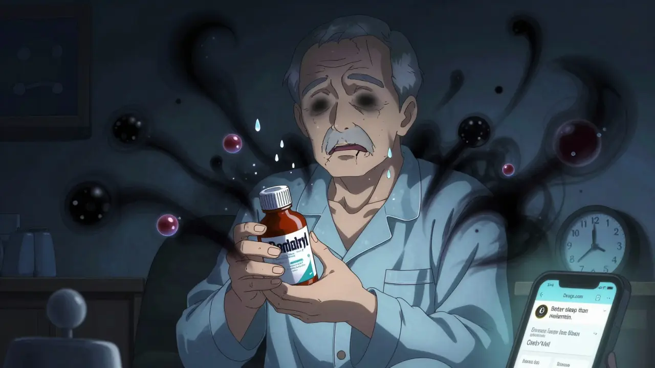 An elderly man uses diphenhydramine at night, surrounded by visual symbols of side effects like blurred vision and dry mouth.