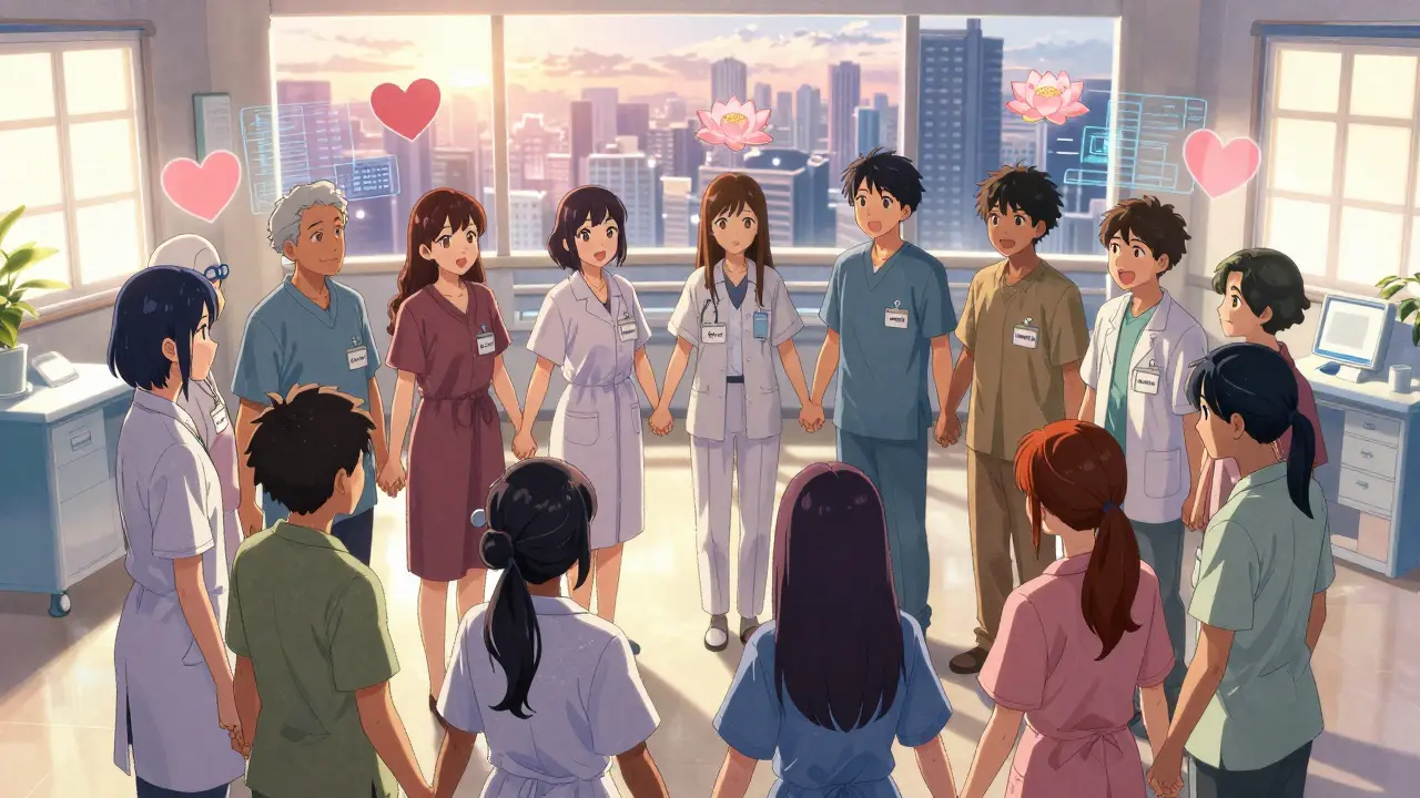 Diverse patients hold hands in a circle, each wearing a biosimilar name badge, with floating hearts and lotuses symbolizing global access.