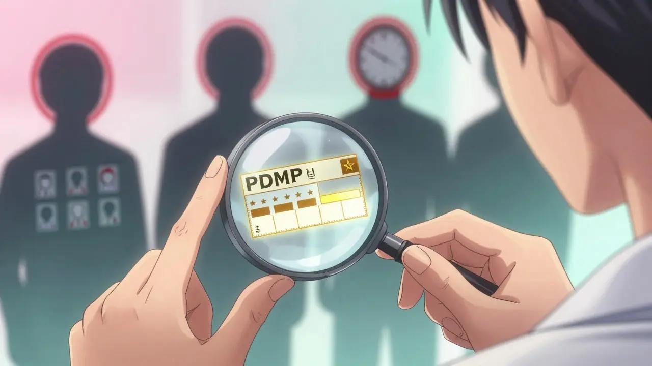 Hands holding a tamper-resistant prescription under magnification, glowing security features visible, warning icons in background.