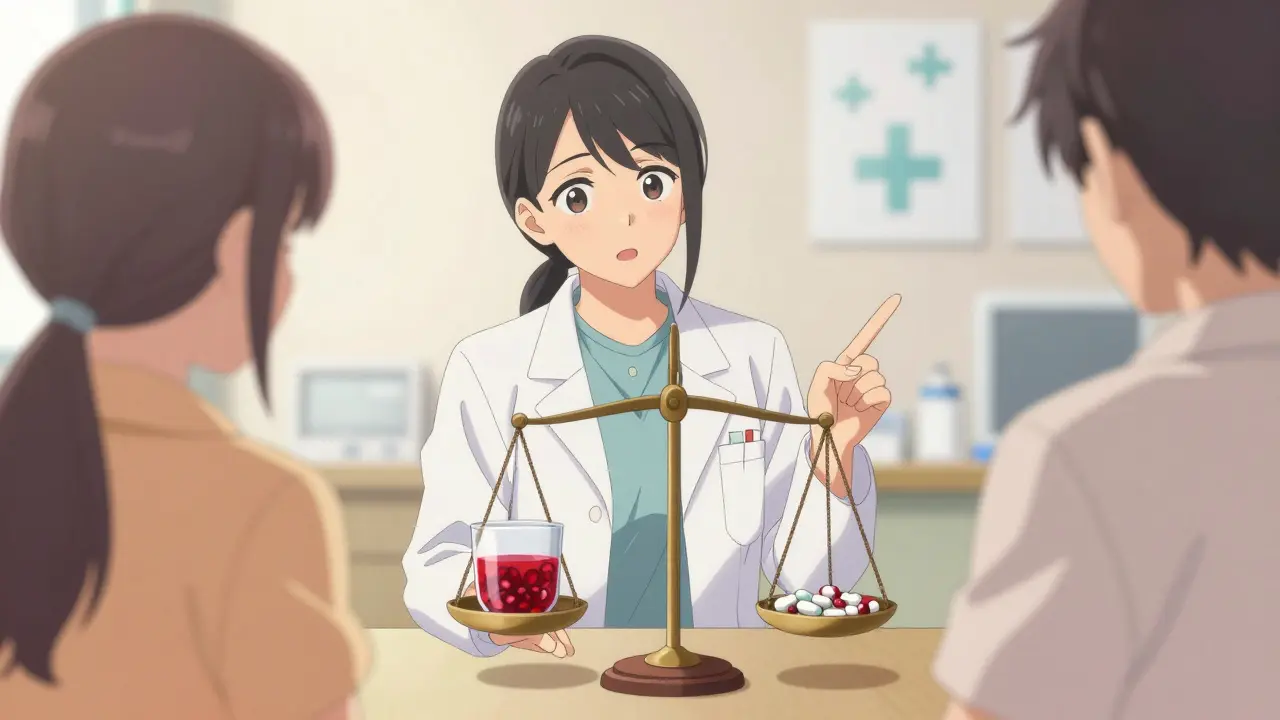 Pharmacist and patient discussing medication safety with scale