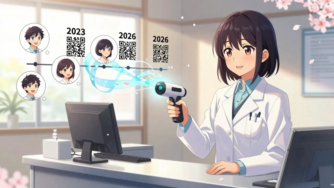 Pharmacist scanning a QR code that links to digital drug verification, sunrise lighting, patient faces smiling in thought bubbles.