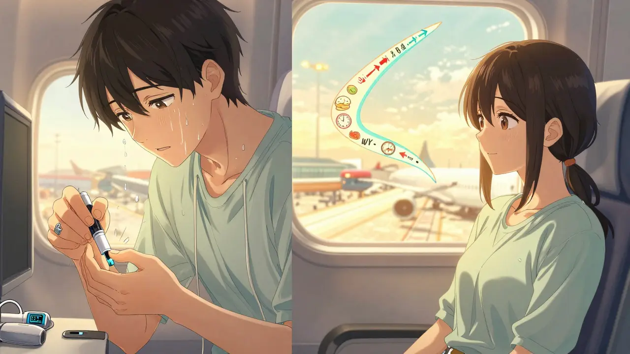 Split scene: one side shows anxiety during a flight, the other shows peace after landing with glowing medical devices.