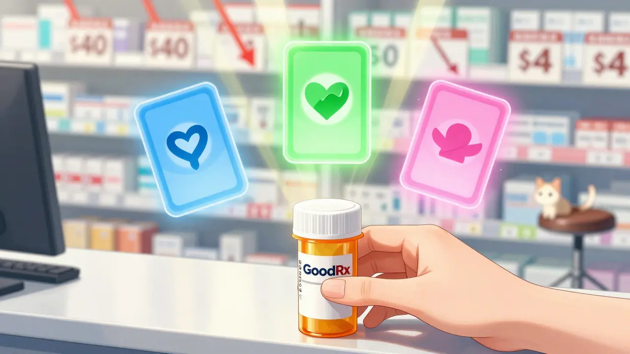 Three magical discount card icons hovering above a prescription bottle, showing price drops from  to .