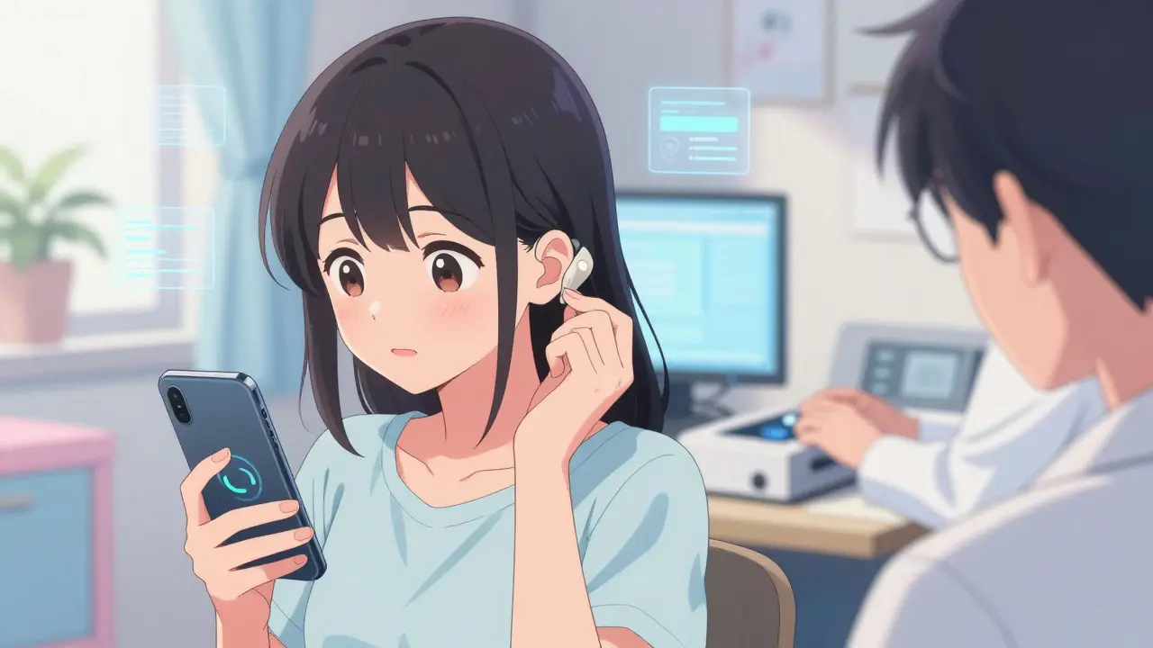 Woman adjusting hearing aid settings via smartphone app with audiologist nearby