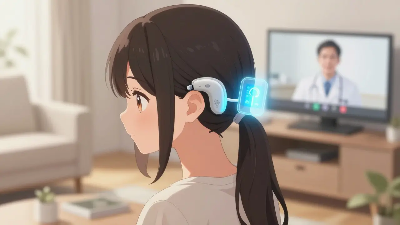 Woman with hearing aid displaying health data during telehealth consultation