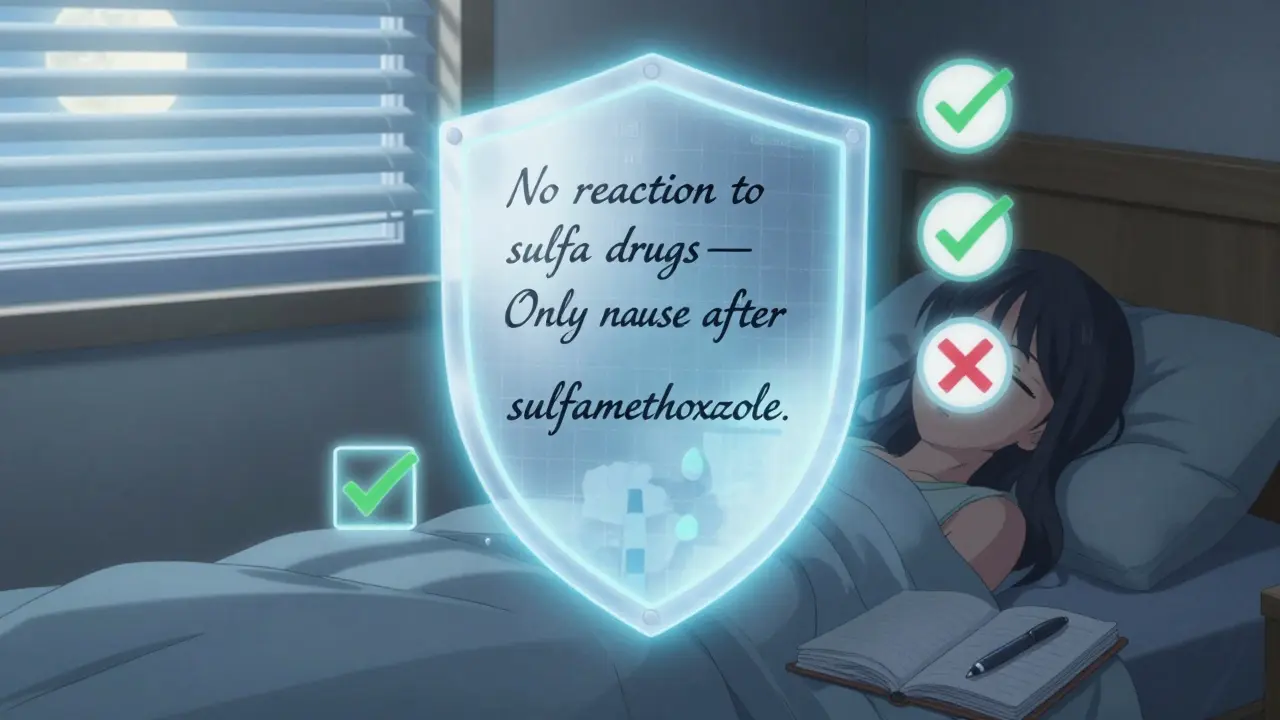 A glowing medical shield hovers over a sleeping patient, inscribed with clear allergy details, while drug icons float around it marked with checkmarks and Xs.