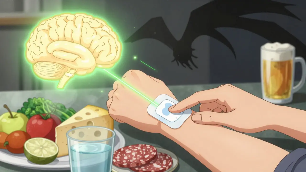 A hand applying a patch with safe foods glowing nearby, dark forbidden foods fading away in manga style.