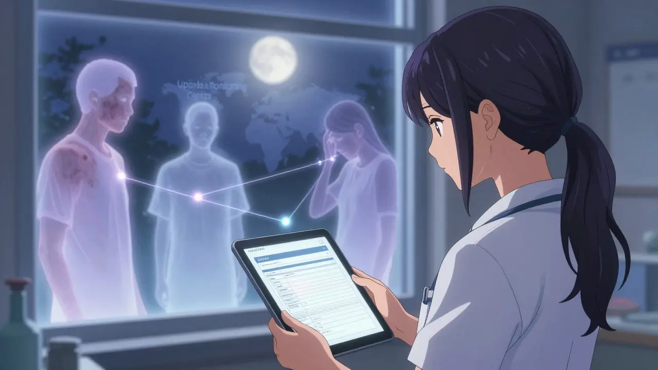 A healthcare worker in a rural clinic sends a digital report while ghostly patient figures from around the world connect to it.