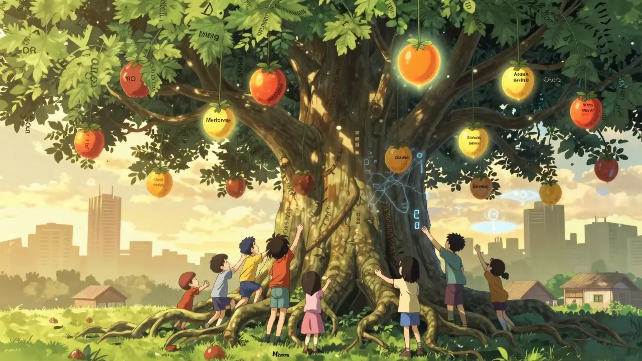 A magical tree with drug-named leaves and warning fruits grows across continents, symbolizing global pharmacovigilance.