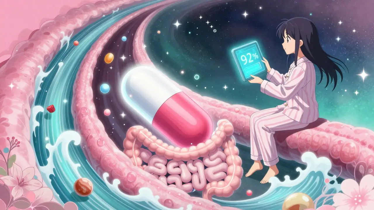 A nanoparticle medication traveling safely through the digestive system, watched by a hopeful girl.