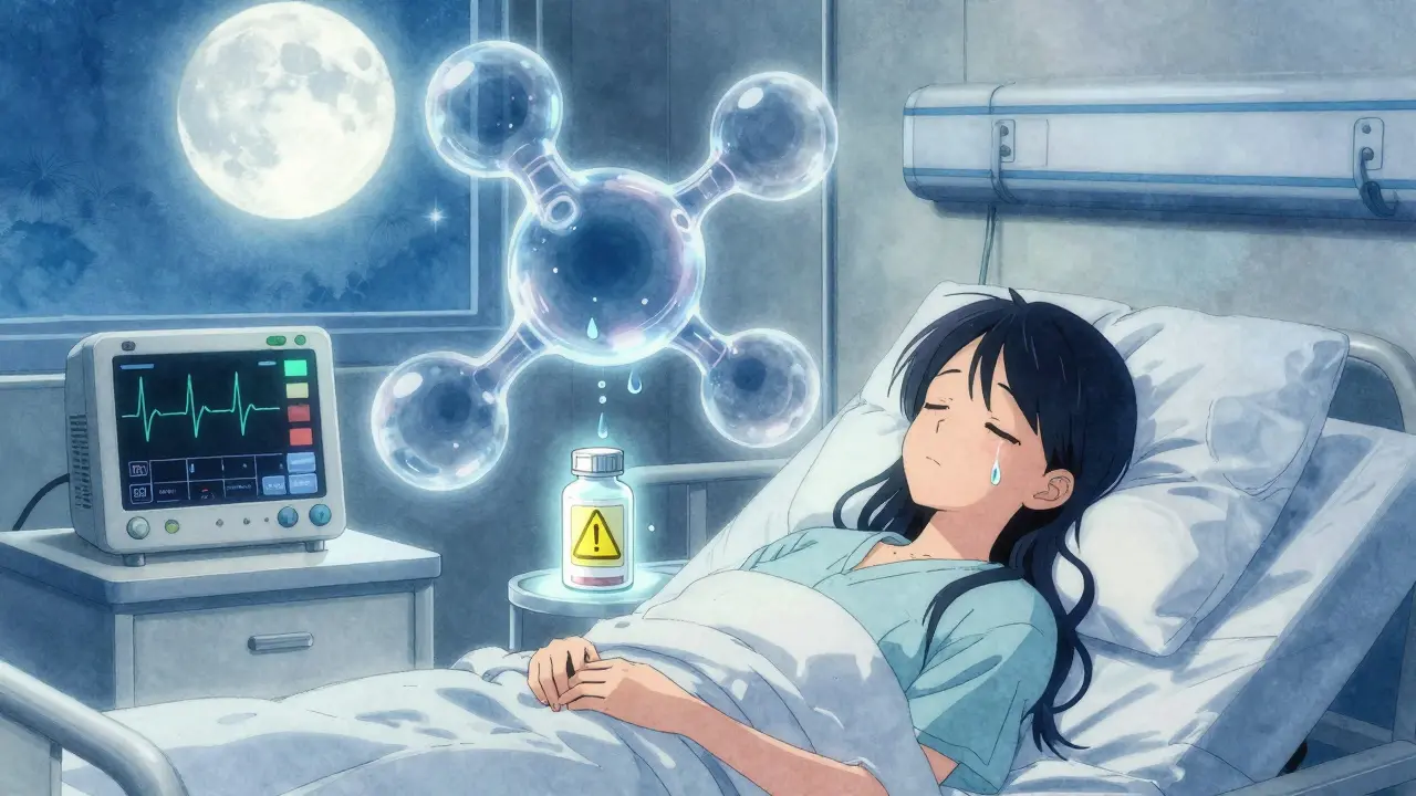 A patient in a hospital bed with a ghostly biotin molecule interfering with a flatlining ECG monitor under moonlight.