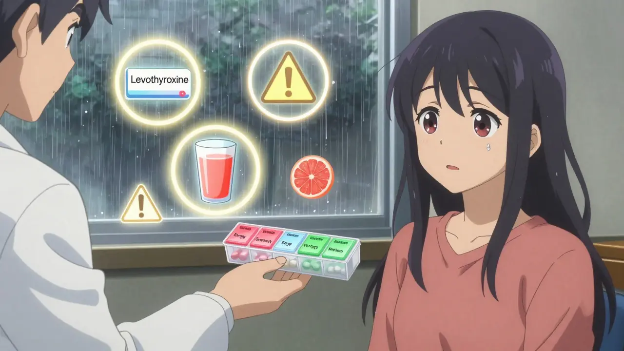 A pharmacist handing a color-coded pill organizer to a patient, with glowing medication icons.