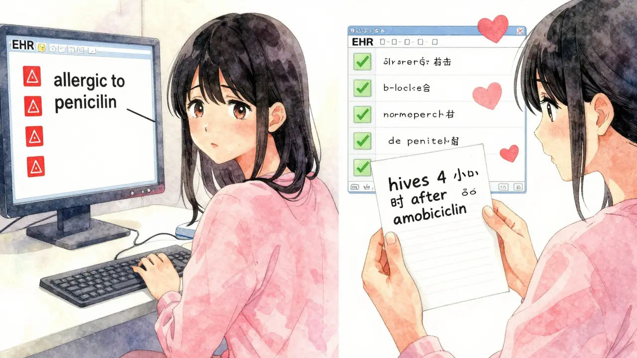 A split scene showing a vague allergy warning on the left and a precise, safe allergy entry on the right, with visual cues of fear turning to relief.