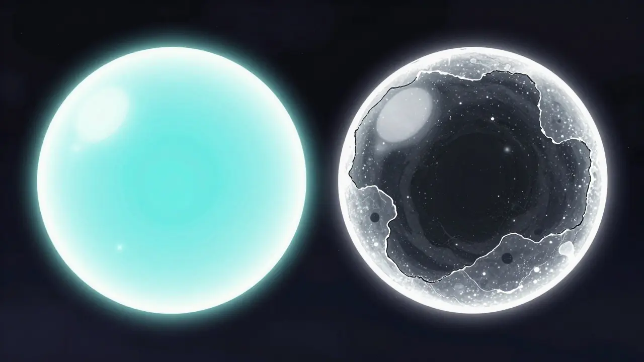 Abstract comparison of smooth glowing spheres versus spiky objects with white specks.
