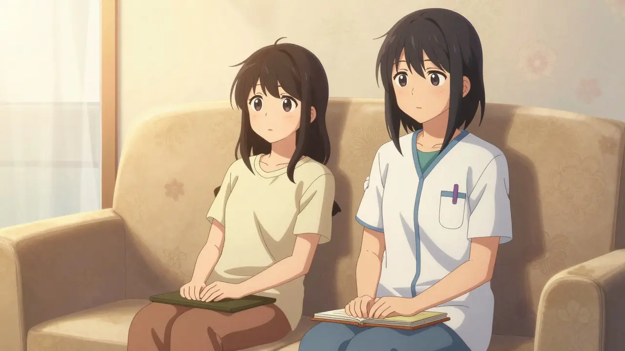 Caregiver and patient resting together on couch during break time