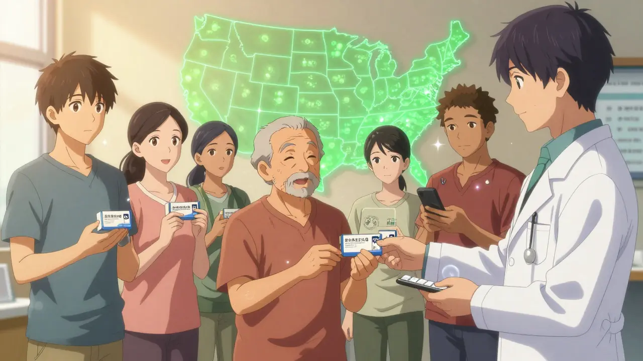 Diverse patients receiving imported medications at a state-run clinic, with a glowing U.S. map highlighting legal import programs.