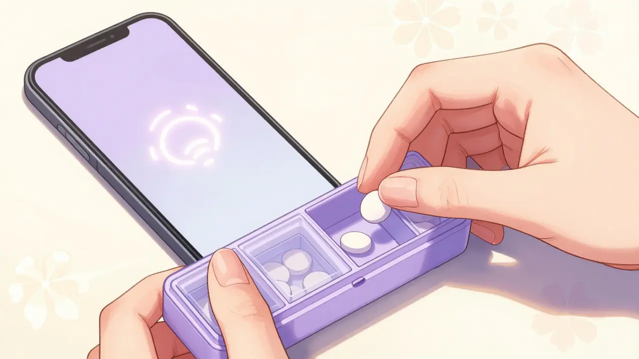 Gentle hands filling pill box with smartphone notification nearby