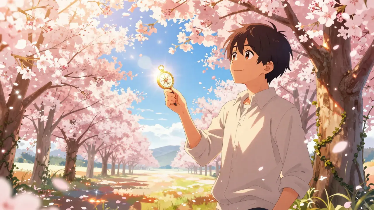 Smiling character in a blossom field holding a glowing compass symbolizing hope.