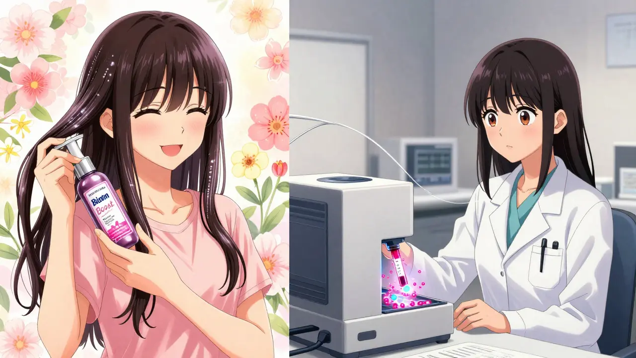 Split scene: a woman enjoying beauty routines on one side, and the same woman facing distorted medical test results on the other.