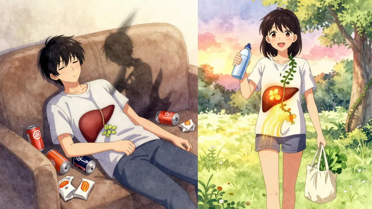 Split scene showing unhealthy eating vs. healthy lifestyle changes with healing light flowing to the liver.