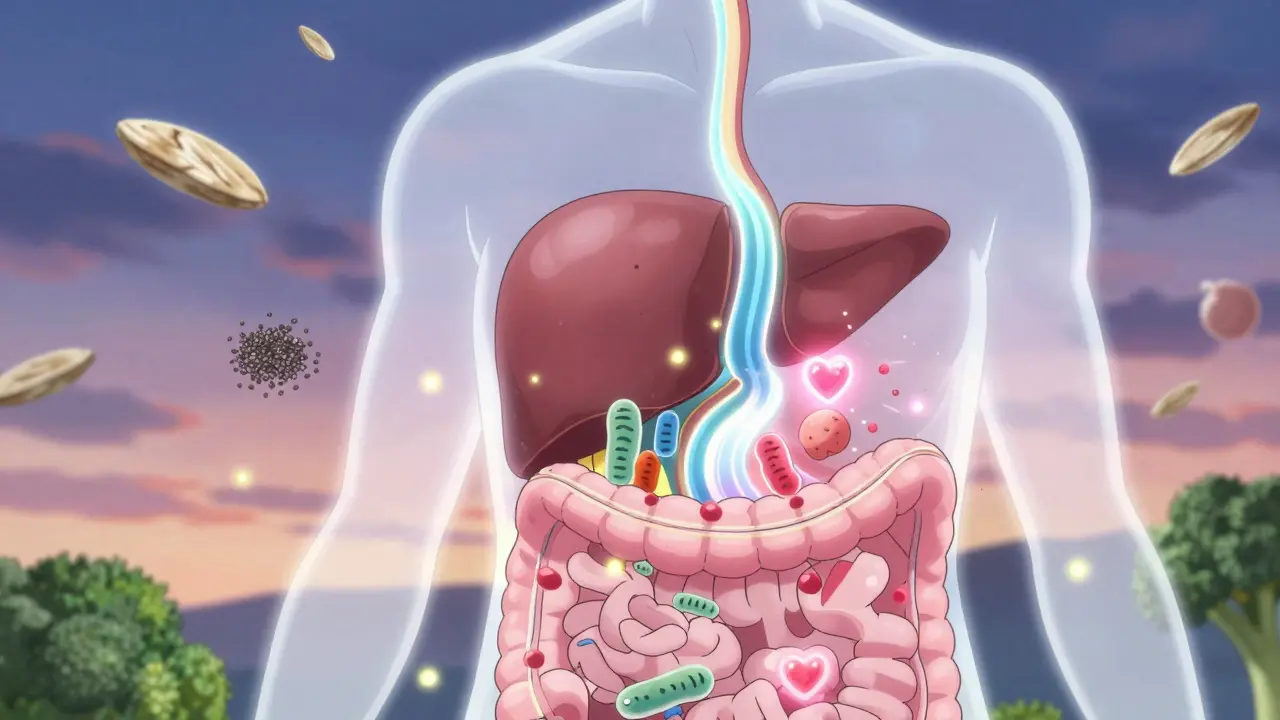 Transparent human body with healthy gut bacteria and butyrate flowing to a rejuvenated liver, surrounded by wholesome foods.