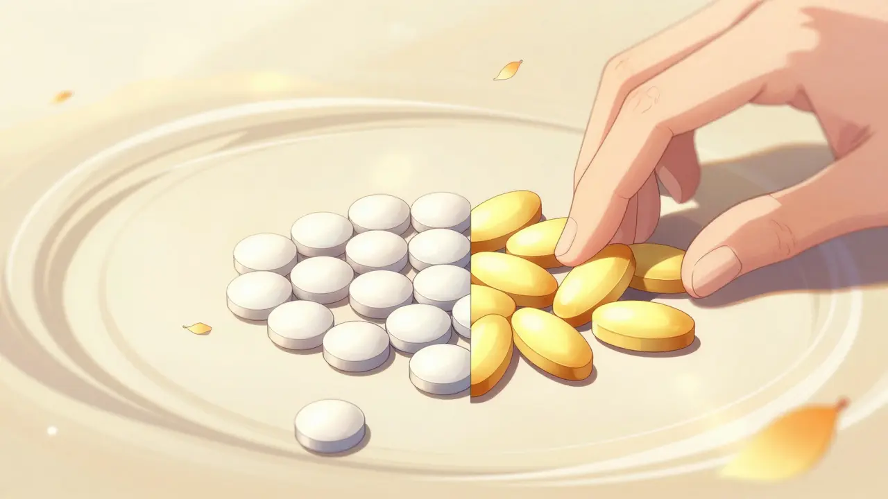 A comparison of different shaped generic pills with abstract swirls in shoujo manga style