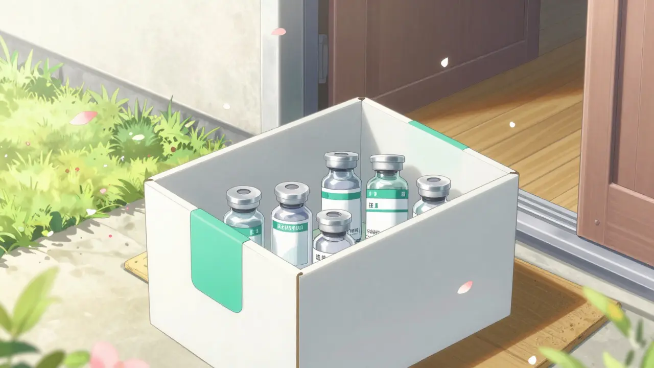 A delivered medical package with vials on a doorstep in a bright shoujo manga style.
