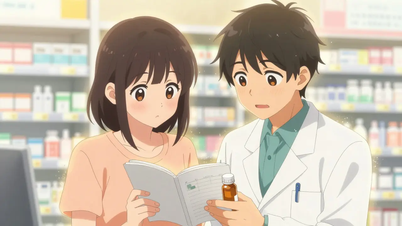 A patient and pharmacist reviewing health records together in shoujo manga style