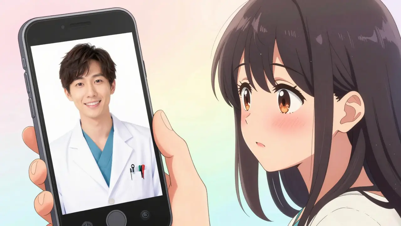 A split-screen manga illustration of a woman having a telehealth appointment with a doctor.