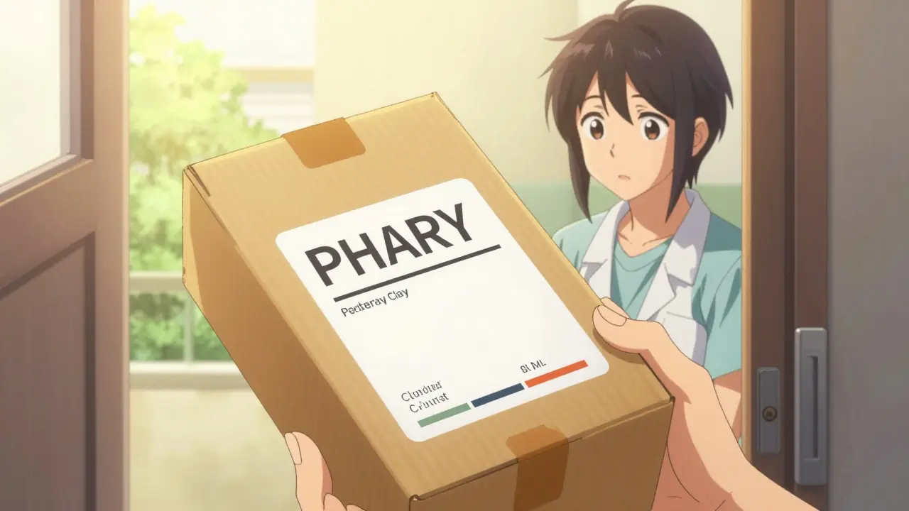 A woman smiling at a delivered medication package on her doorstep in a warm manga style.
