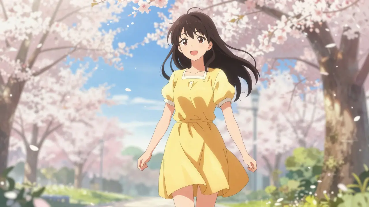 Happy young woman in a summer dress walking through a sunny park in shoujo manga style