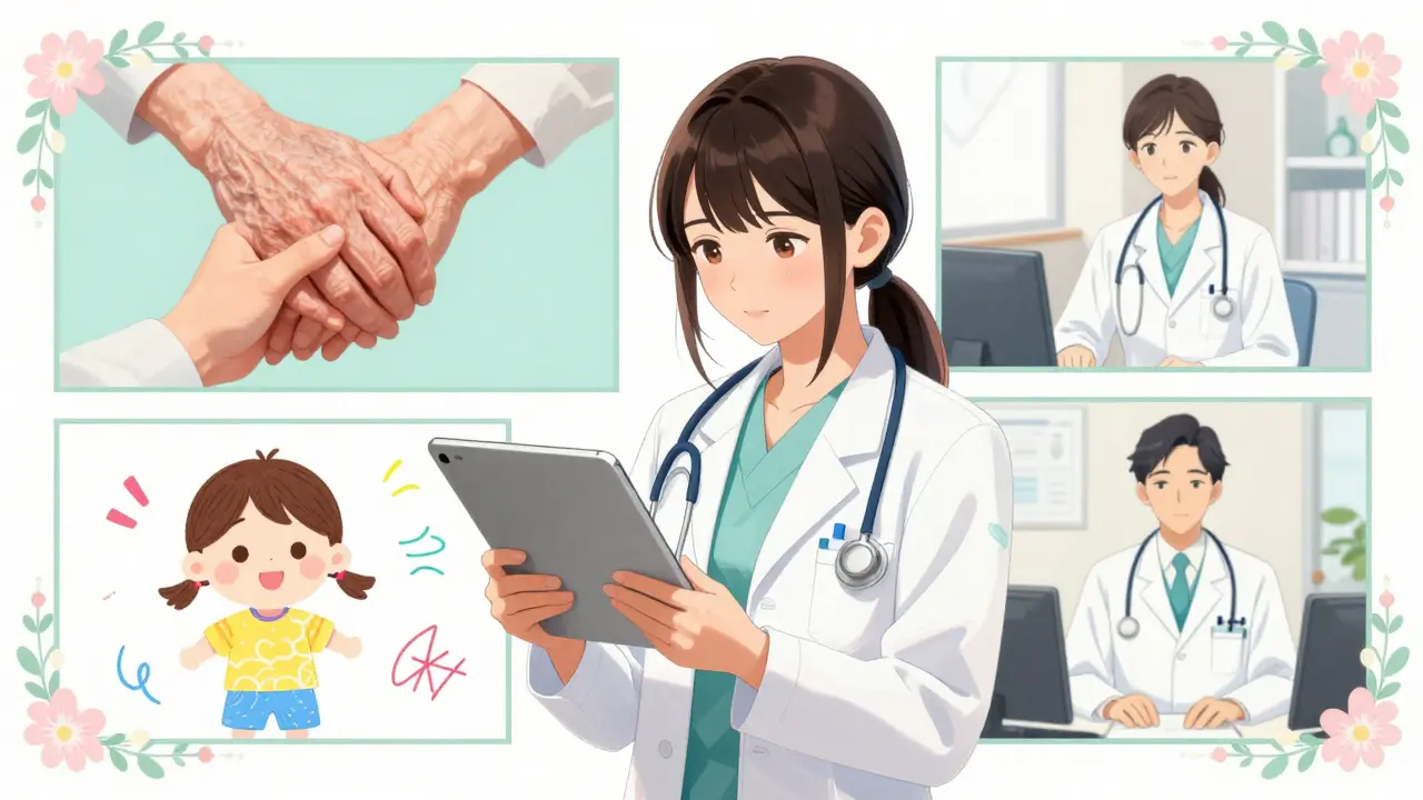 Manga panels showing a doctor and symbols of child and elder care in a pastel color palette.