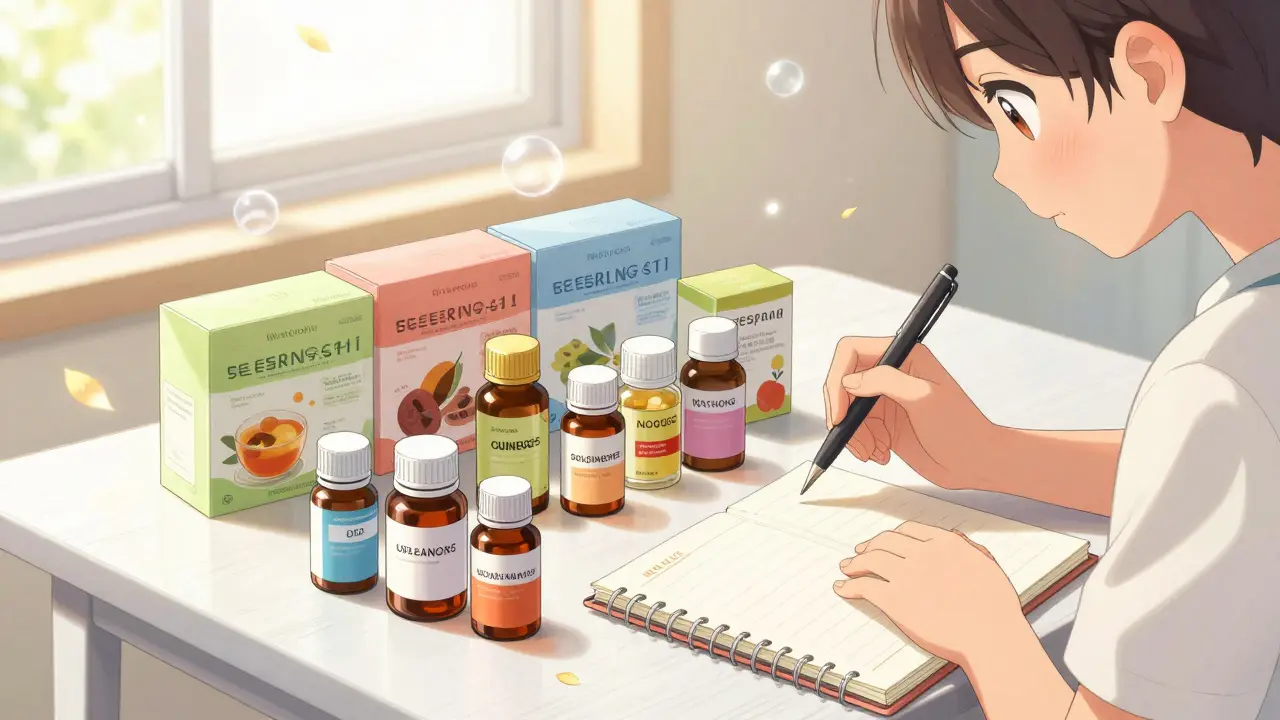Person organizing medication bottles and supplements on a table, shoujo manga style.