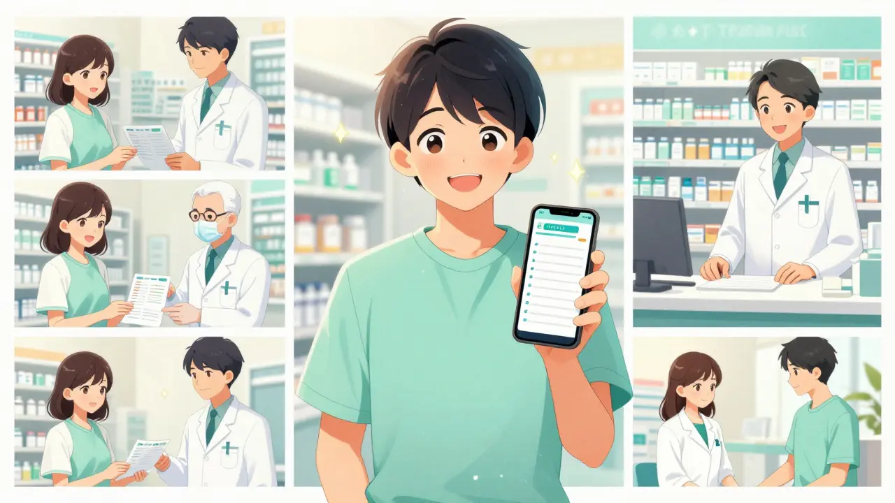 Person sharing a digital medication list with various healthcare providers, shoujo manga style.