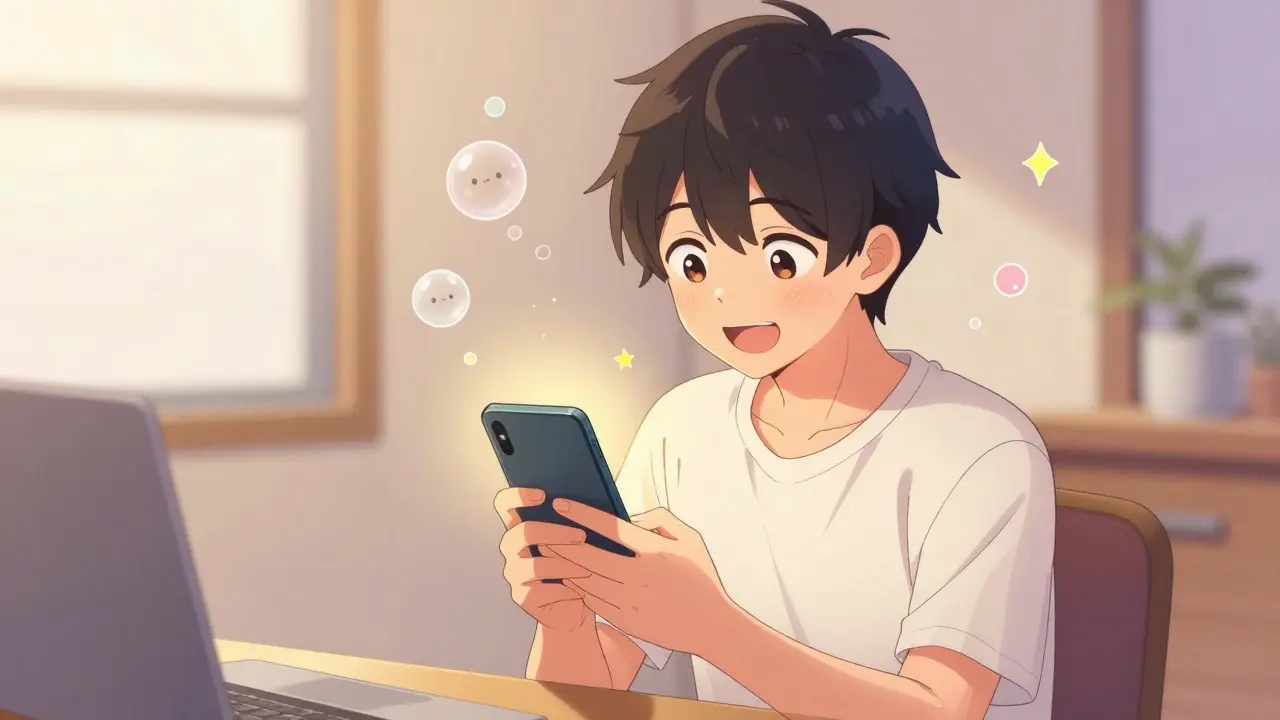 Person using a smartphone to find medication discounts in a cozy shoujo manga setting.