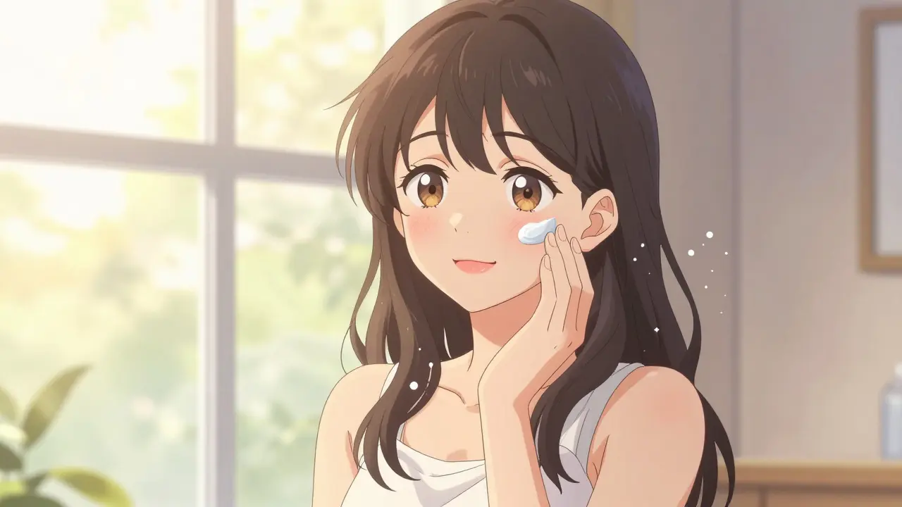 Radiant woman applying skincare by a sunny window in shoujo manga style