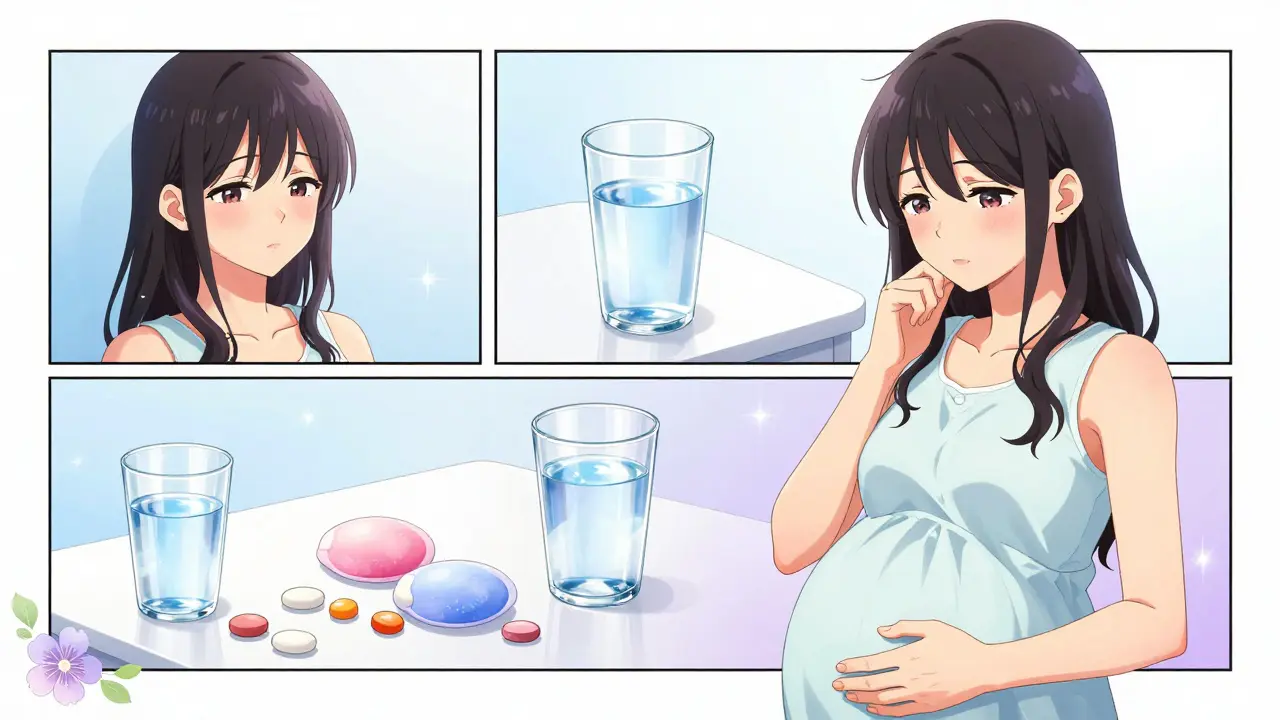 Shoujo manga art of a pregnant woman considering safe medication options for relief.