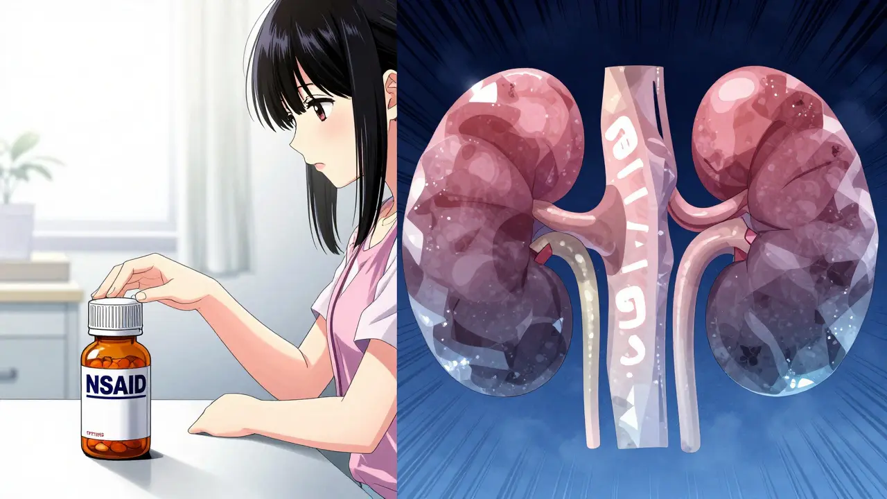 Shoujo manga art showing a person reaching for painkillers and a stylized image of kidneys.