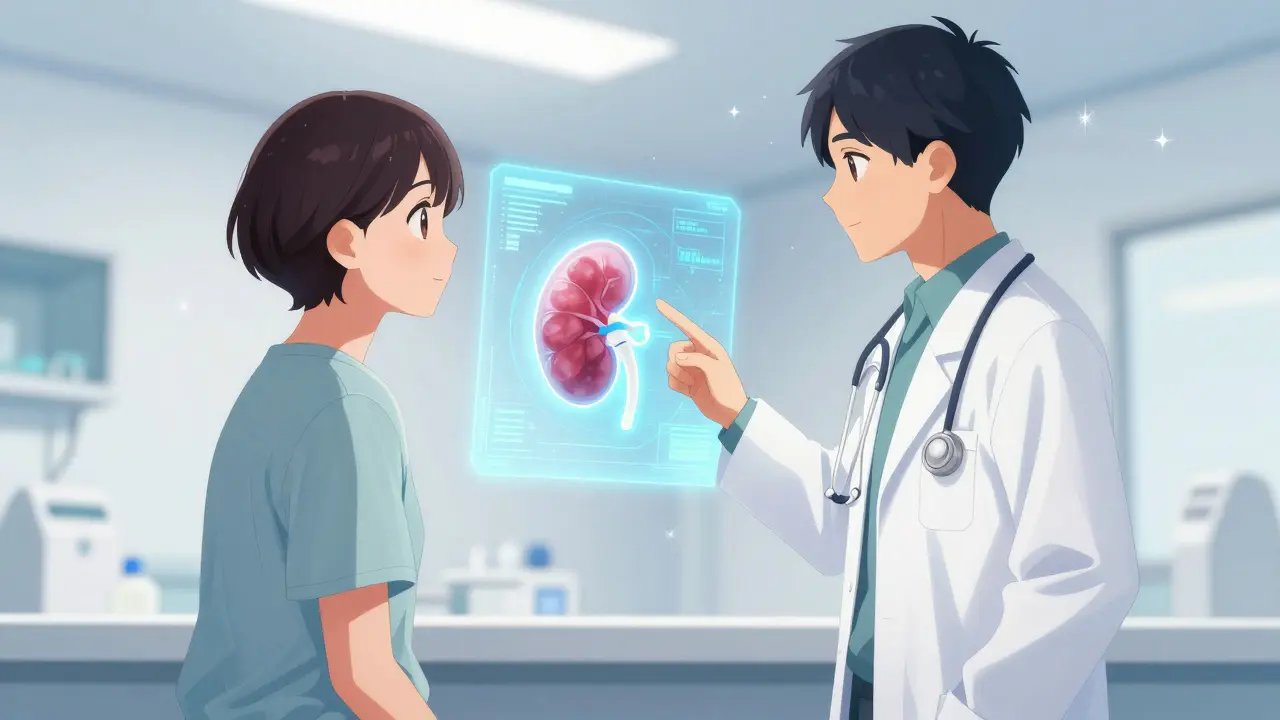 Shoujo manga illustration of a patient and doctor looking at a hopeful medical hologram.