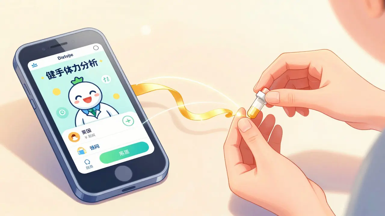 Shoujo manga illustration showing a digital health app and medication connected by glowing gold lines