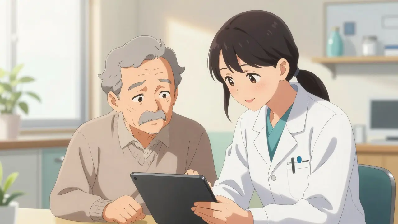 Shoujo manga scene of a healthcare navigator helping an elderly patient use a digital therapy tablet