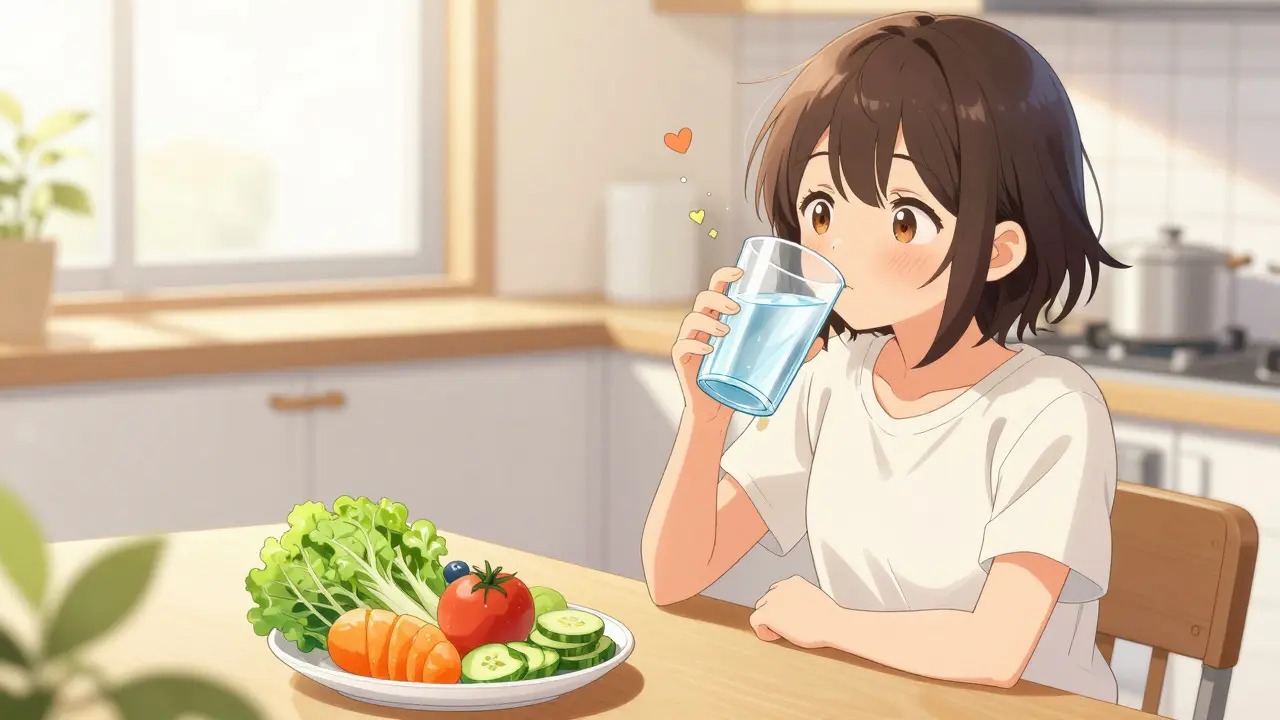 Shoujo manga scene of a person drinking water and eating a healthy, low-sodium meal.