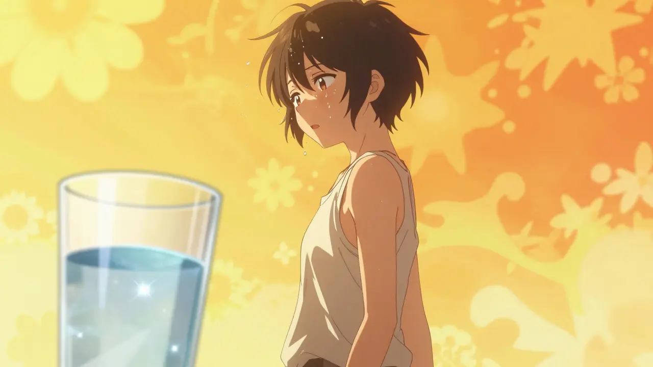 Shoujo manga scene of a person sweating in the summer heat with a sparkling glass of water.
