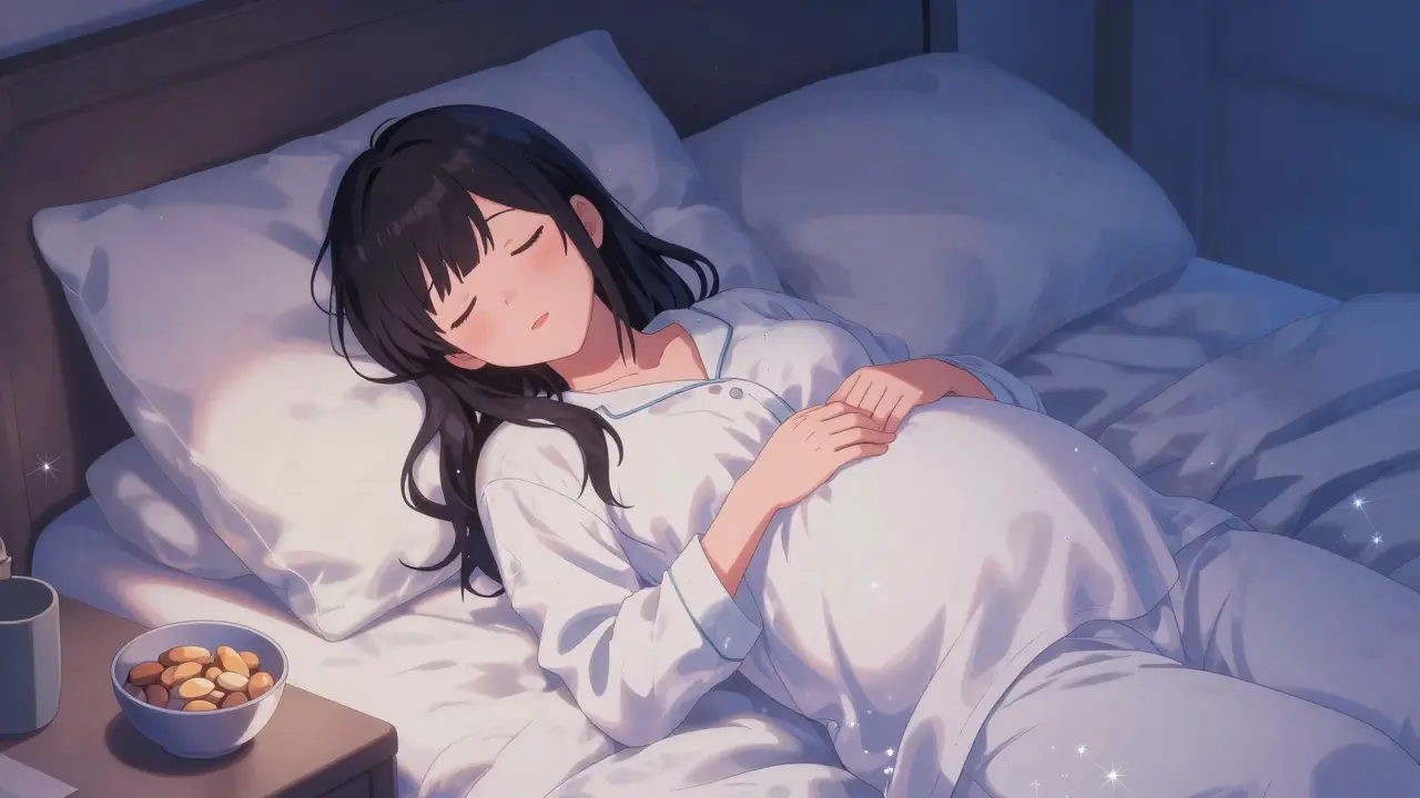 Shoujo manga scene of a pregnant woman sleeping on an incline with fluffy pillows.